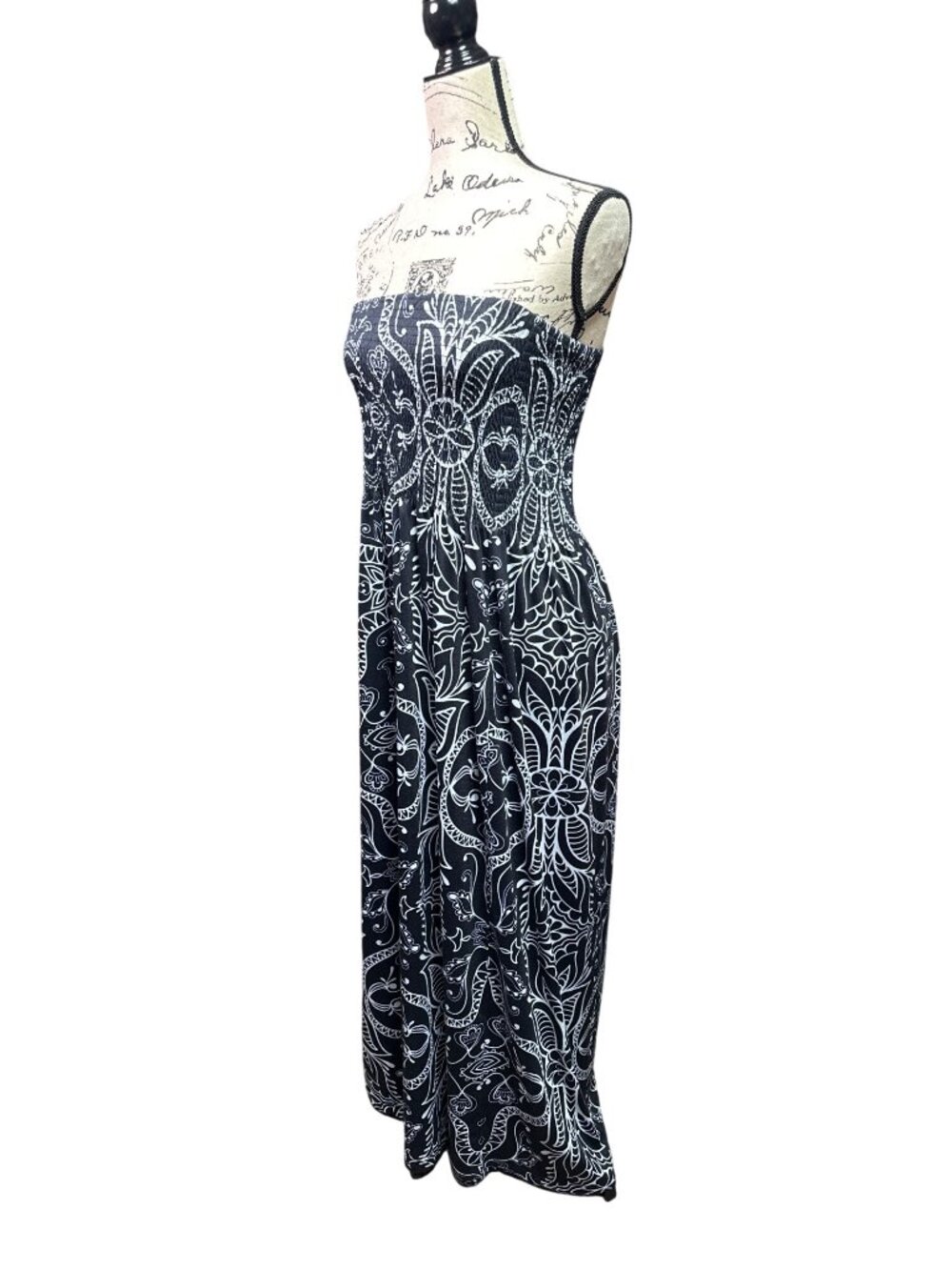 Strapless Black & White Maxi Dress With Floral Pattern - Womens Large - Polyeste - Picture 3 of 6